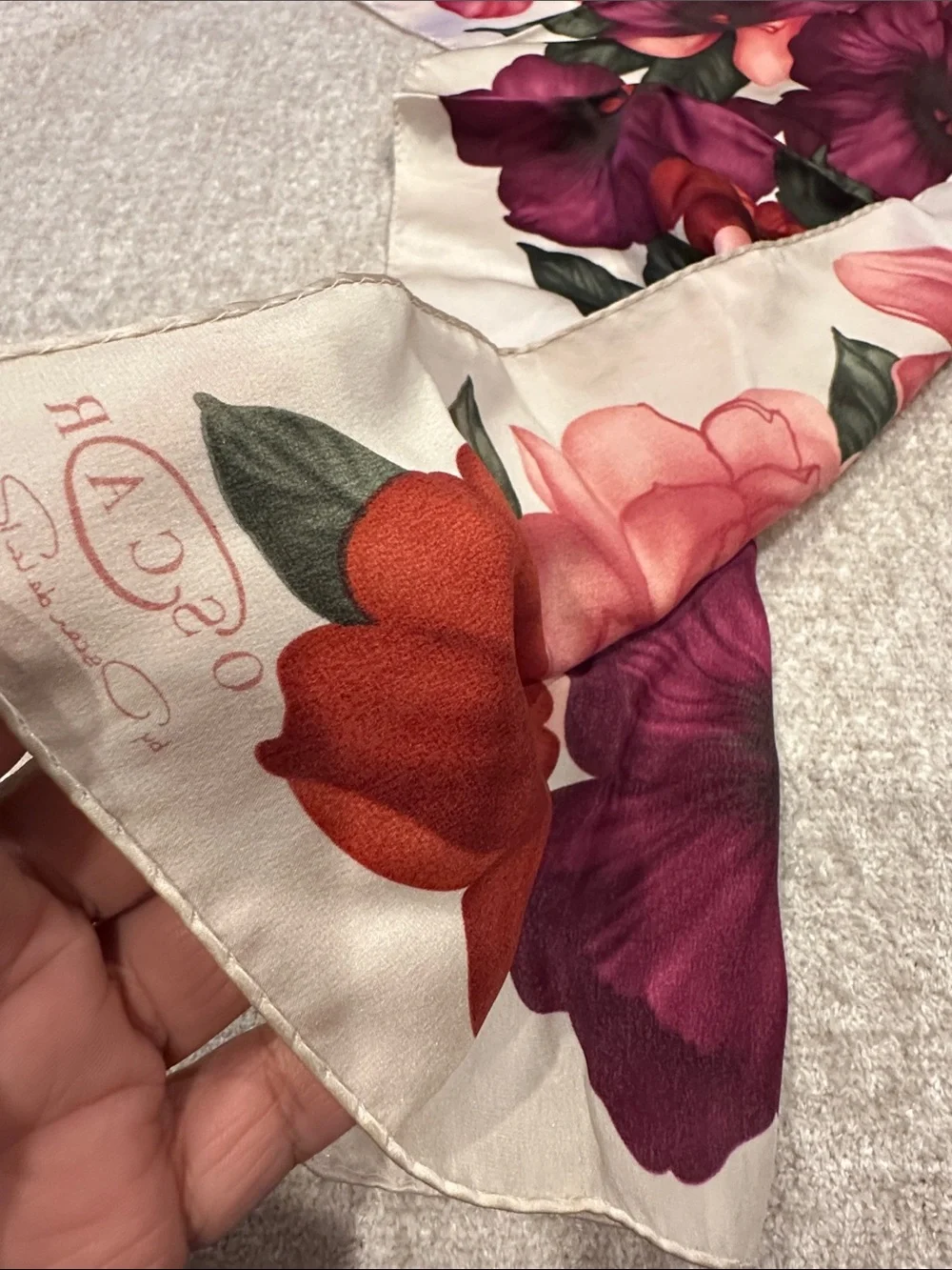 Oscar de la renta Floral Satin Scarf with Pink, Purple & Red Blooms